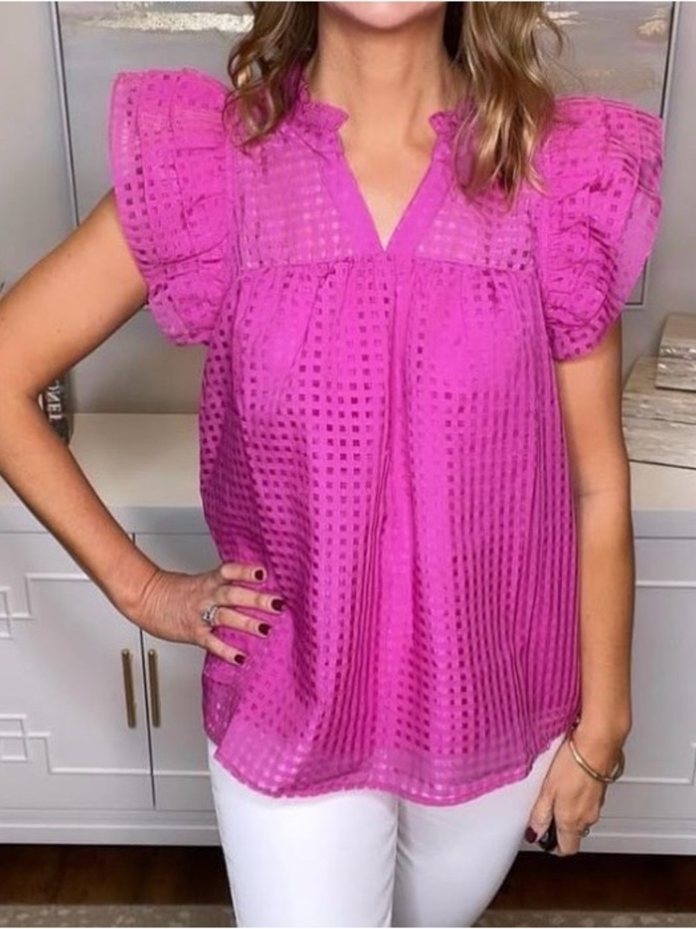 entro Fuchsia Eyelet Flutter Sleeve Blouse